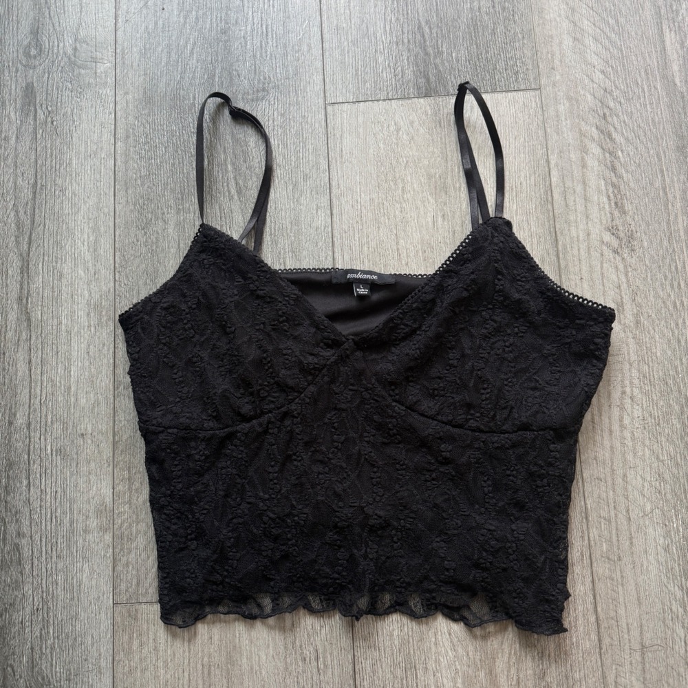Y2K Ambiance Black Floral Lace Crop Cami Spaghetti Strap Lined Womens L
